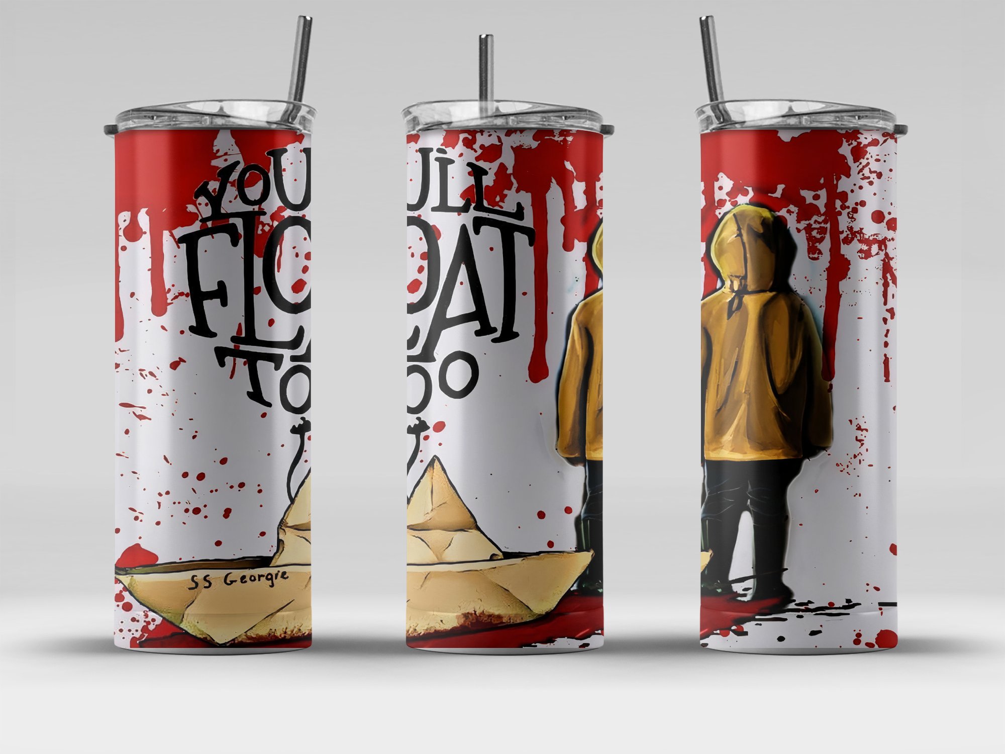Horror Inspired 20oz Skinny Tumbler, Creepy Clown Fan Art, Unique Gift for Horror Movie Lovers, SS Georgie Art, You'll Float Too Quote - Image 4