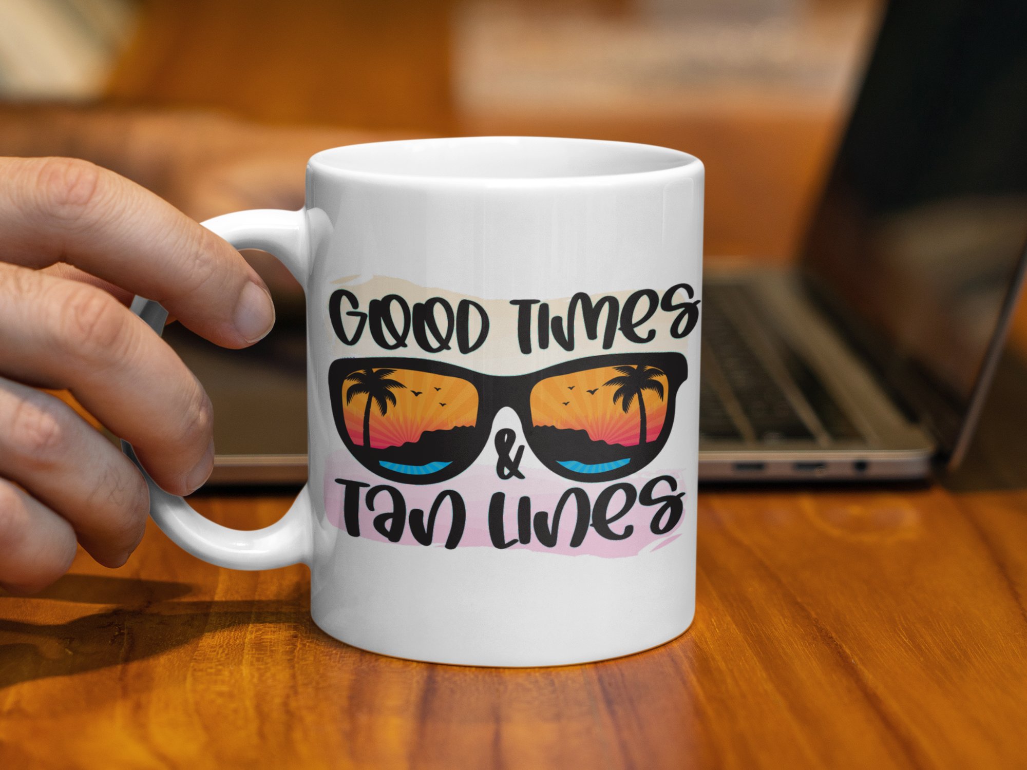 Good Times and Tan Lines Mug, Summer Beach Coffee Cup, Tropical Vibes Gift, Fun Vacation Mug, Colorful Sunset Design - Image 5