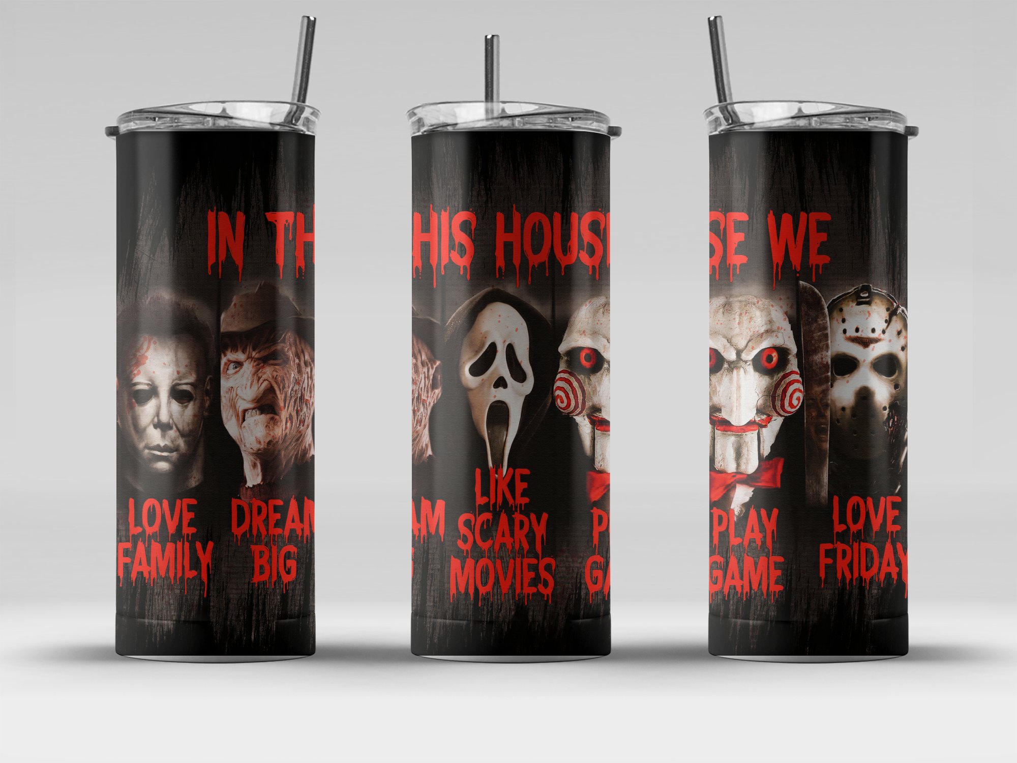 Horror Movie Inspired 20oz Skinny Tumbler, Slasher Icons Tumbler, Scary Movie Quotes Tumbler, Halloween Gift Tumbler, Creepy Tumbler - Image 4