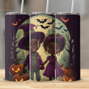 Halloween Kids with Pumpkin Illustration, Spooky Night Scene, Halloween 20oz Skinny Tumbler, Cute Witch and Vampire Design
