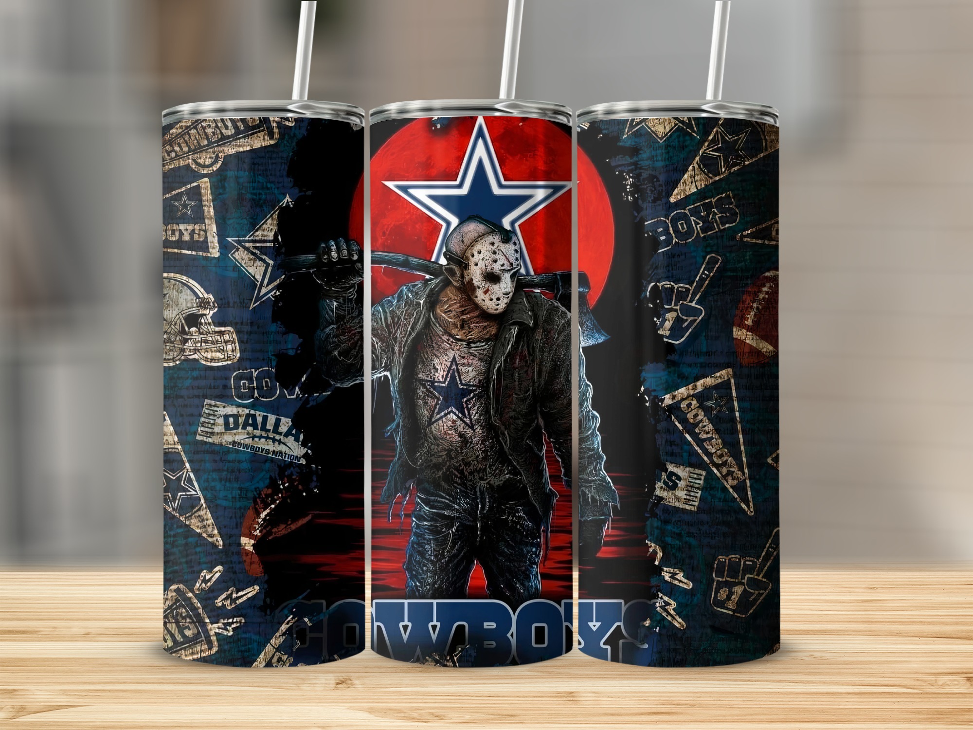 Horror Inspired 20oz Skinny Tumbler, Unique Cowboys Design Skinny Tumbler, 20oz Tumbler with Horror Theme for Fans