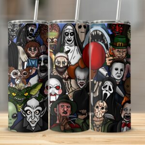 Horror Movie Characters Collage Tumbler, Scary Icons Skinny Tumbler, Spooky Villains 20oz Gift, Creepy Faces Tumbler