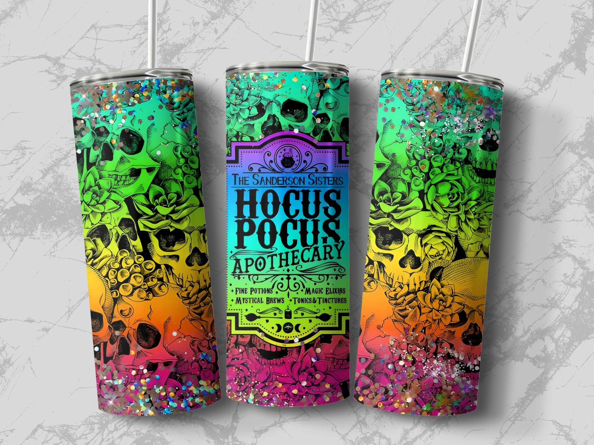 Hocus Pocus Apothecary 20oz Skinny Tumbler, Halloween Themed Tumbler, Colorful Skull Tumbler, Spooky Season Drinkware, Witchy Gift - Image 2