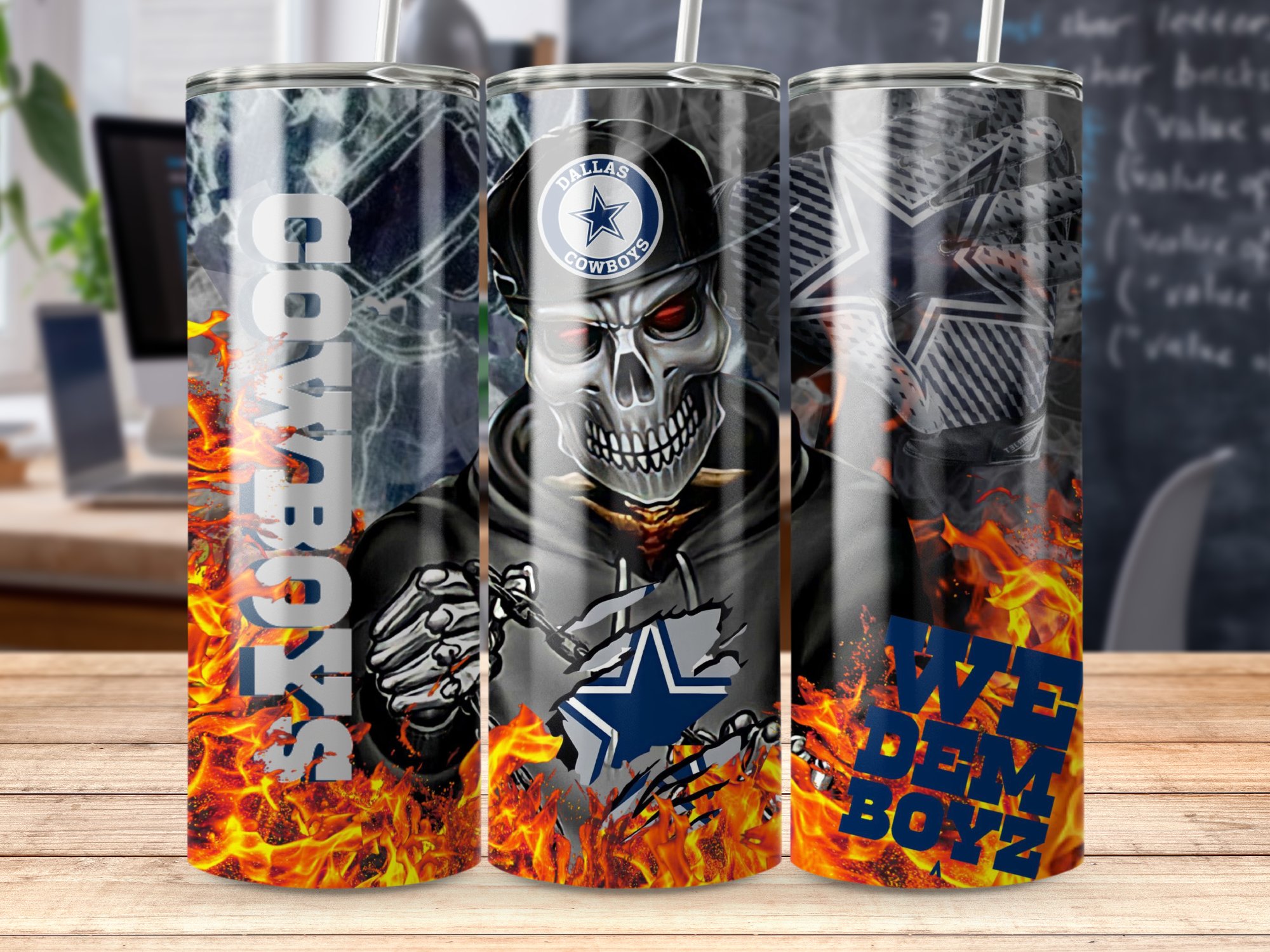 Cowboys Skull Tumbler, Dallas Fan Gift, We Dem Boyz Tumbler, Fire Design Tumbler, Sports Fan Cup, Unique Football Gift - Image 5