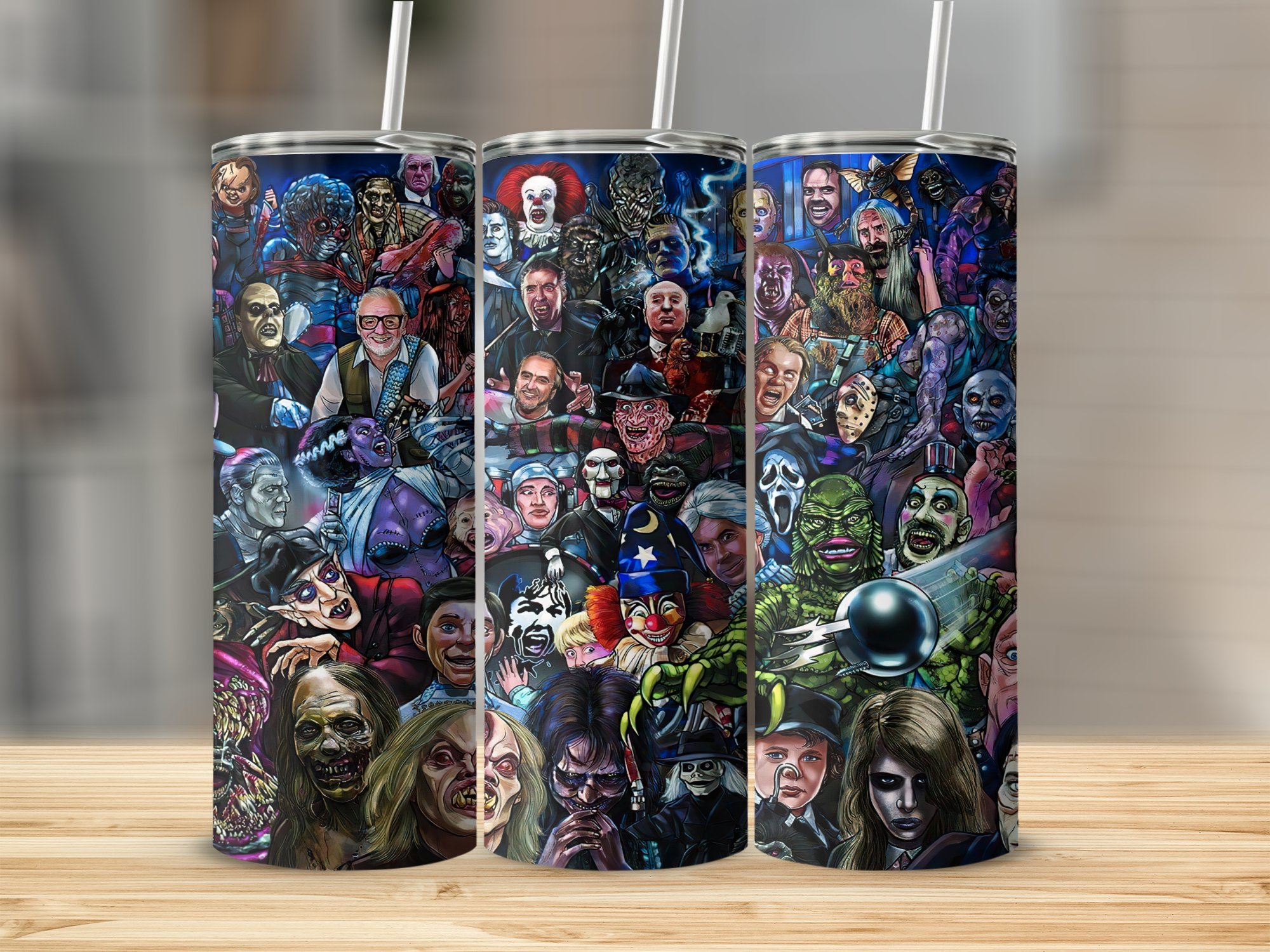 Horror Movie Characters Collage Tumbler, 20oz Skinny Tumbler, Classic Horror Icons Design, Scary Movie Fan Gift, Horror Lover Cup - Image 3