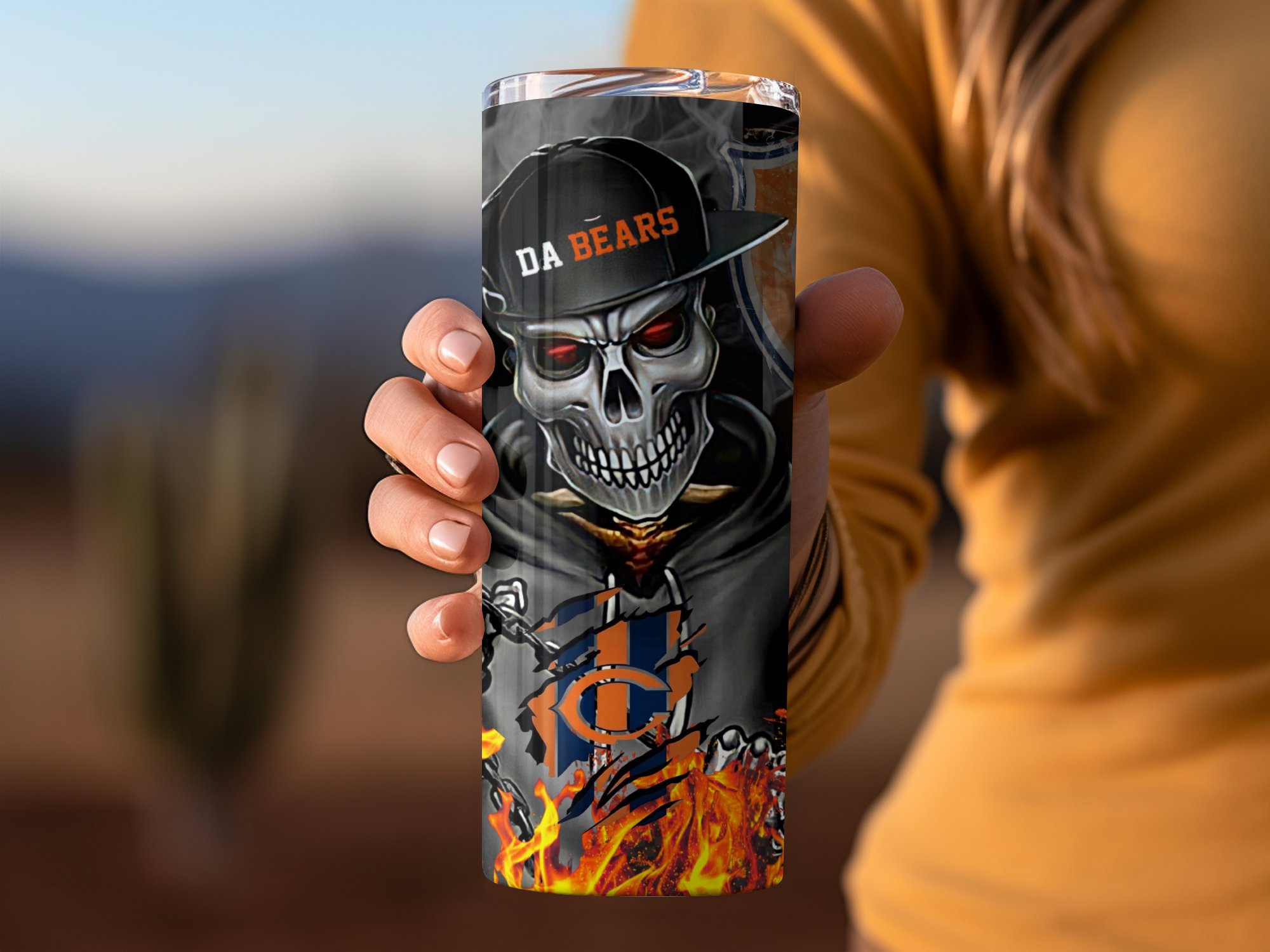 Chicago Bears Tumbler, Skull Design Tumbler, Flames Background Tumbler, Football Fan Gift, Sports Team Tumbler, Cool Gift Idea - Image 4