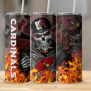 Cardinal Skeleton Tumbler Cup, Skull Design, Customizable, Unique Gift, Halloween Tumbler, Bird Gang Themed Tumbler, Fire Background