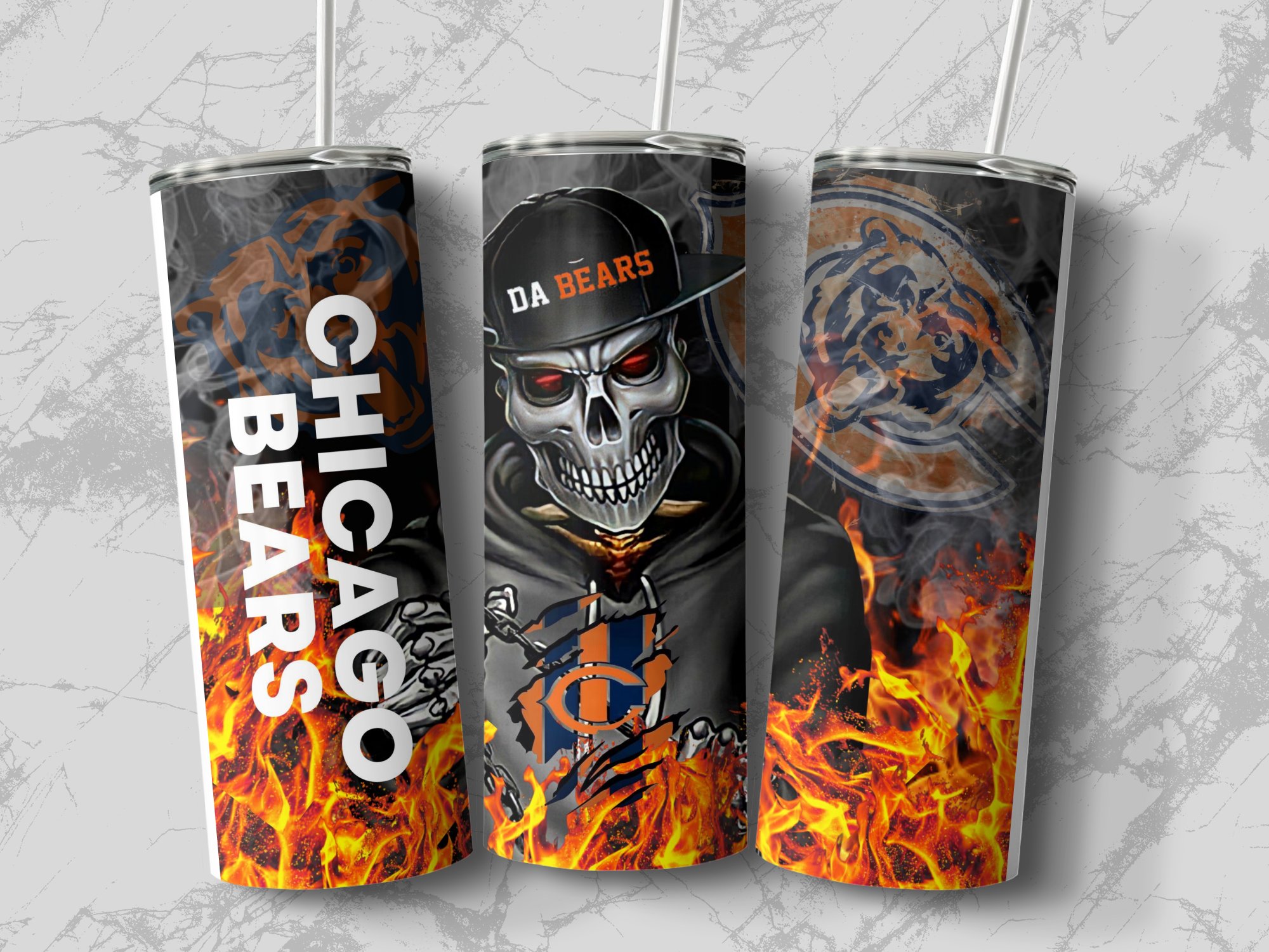 Chicago Bears Tumbler, Skull Design Tumbler, Flames Background Tumbler, Football Fan Gift, Sports Team Tumbler, Cool Gift Idea - Image 3