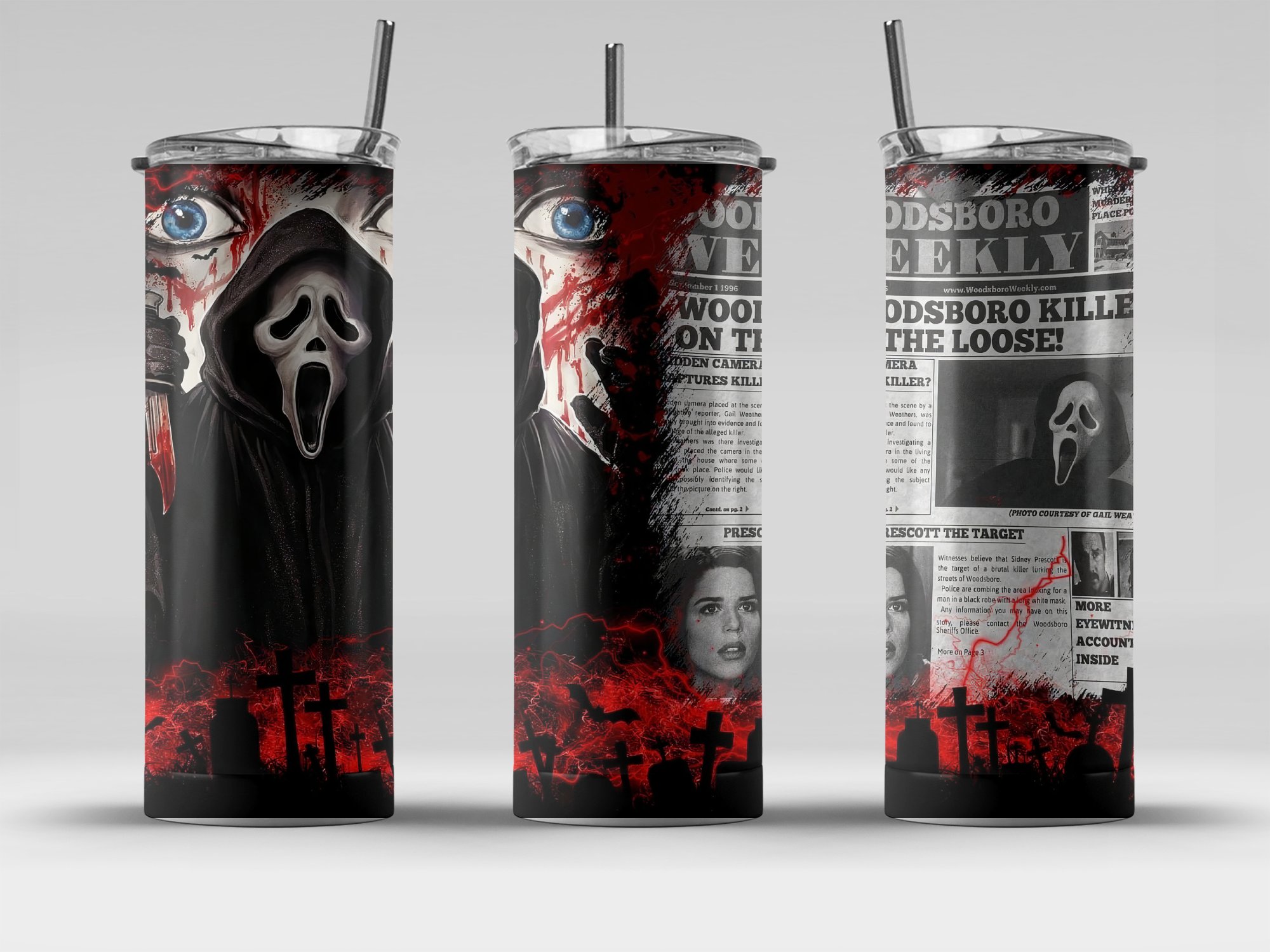 Horror Movie Inspired 20oz Skinny Tumbler, Ghost Mask Design Tumbler, Scary Blood Splatter Travel Cup, Halloween Gift For Horror Fans - Image 4