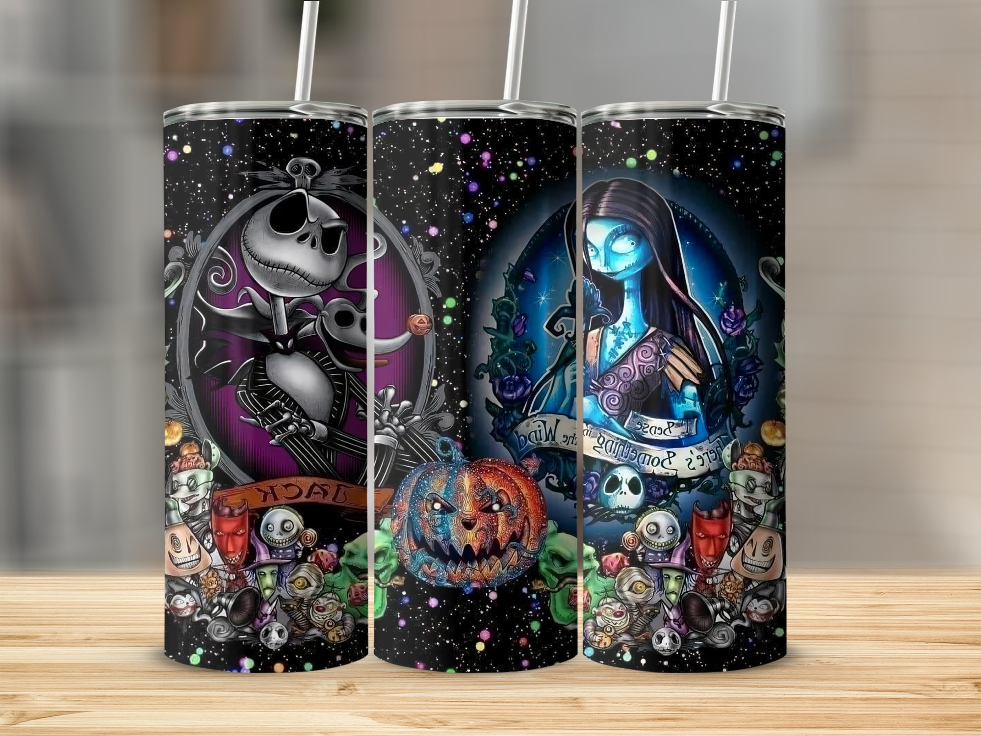 Halloween Gothic Tumbler, Nightmare Themed Skinny Tumbler, Spooky Jack and Sally Art Tumbler, Unique Horror Gift for Fans - Image 3