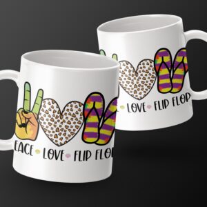 Peace Love Flip Flops Mug, Beach Lover's Gift, Summer Coffee Mug, Bright and Fun Design, Cute Mug for Flip Flop Fans