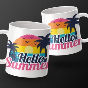 Hello Summer Mug, Colorful Tropical Sunrise Mug, Summer Vibe Mug, Palm Trees Mug, Beach Scene Mug, Vacation Mug, Holiday Fun Mug