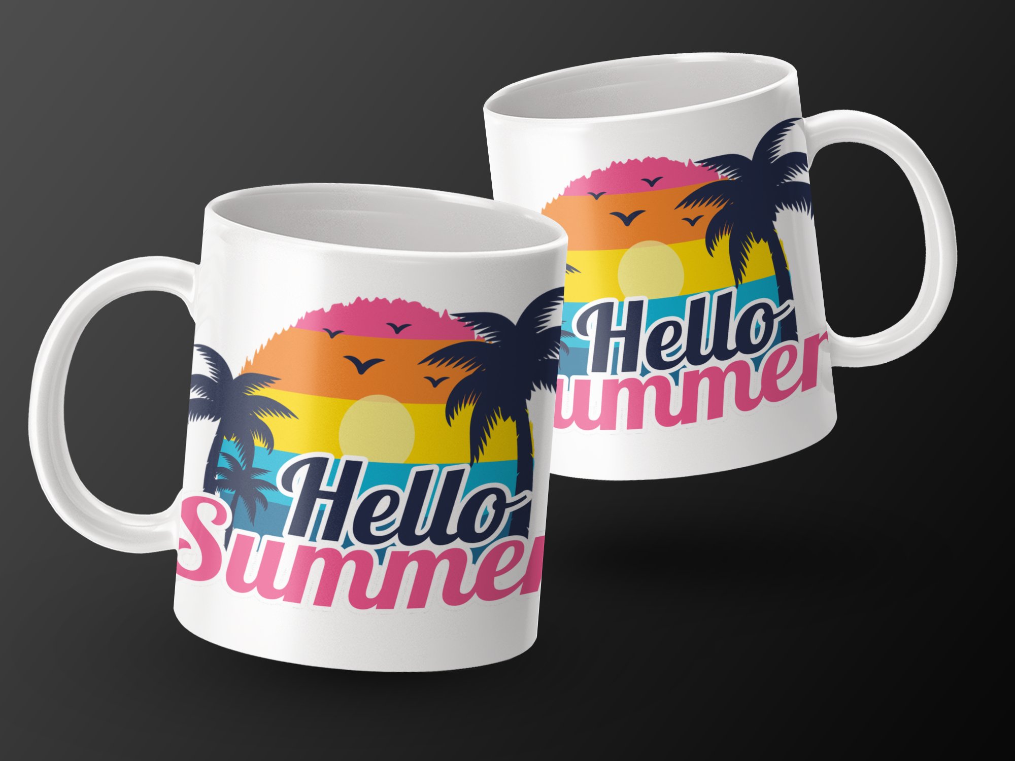 Hello Summer Mug, Colorful Tropical Sunrise Mug, Summer Vibe Mug, Palm Trees Mug, Beach Scene Mug, Vacation Mug, Holiday Fun Mug