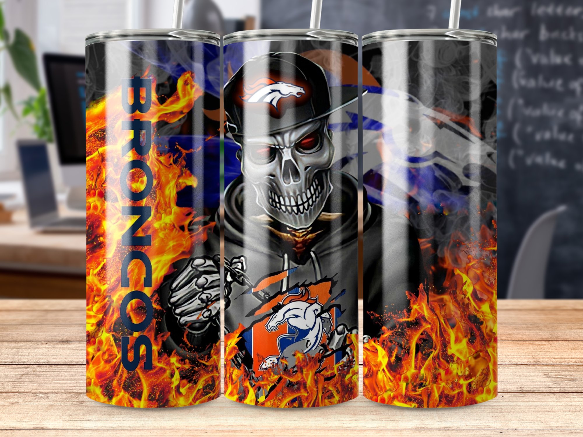 Broncos Skull Helmet Hoodie Design, Fire and Flames Background, Unique Tumbler Gift, Fans, Creative Art, Sports Enthusiast Gift - Image 4