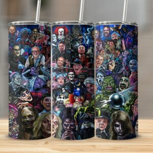 Horror Movie Characters Collage Tumbler, 20oz Skinny Tumbler, Classic Horror Icons Design, Scary Movie Fan Gift, Horror Lover Cup