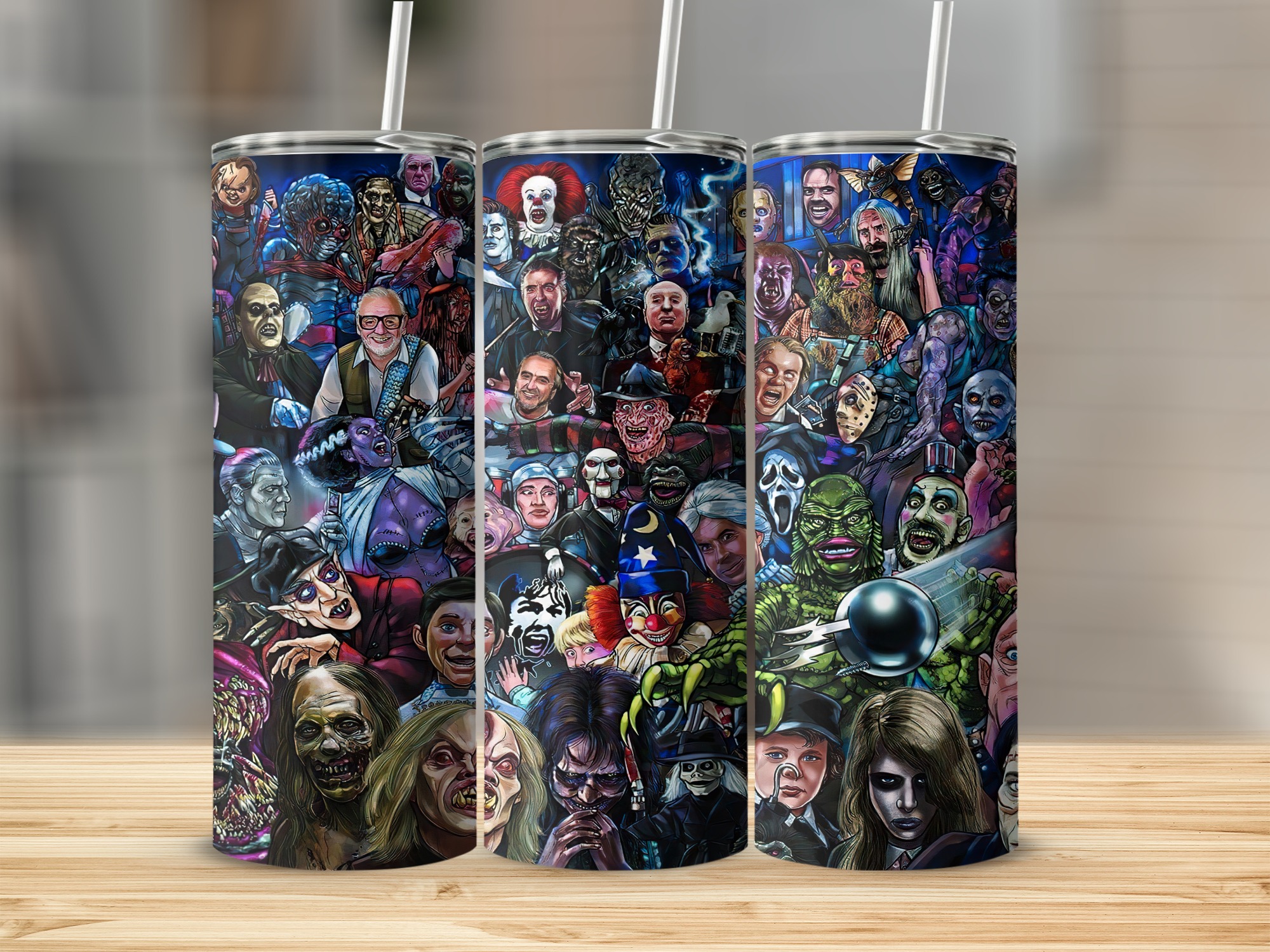Horror Movie Characters Collage Tumbler, 20oz Skinny Tumbler, Classic Horror Icons Design, Scary Movie Fan Gift, Horror Lover Cup