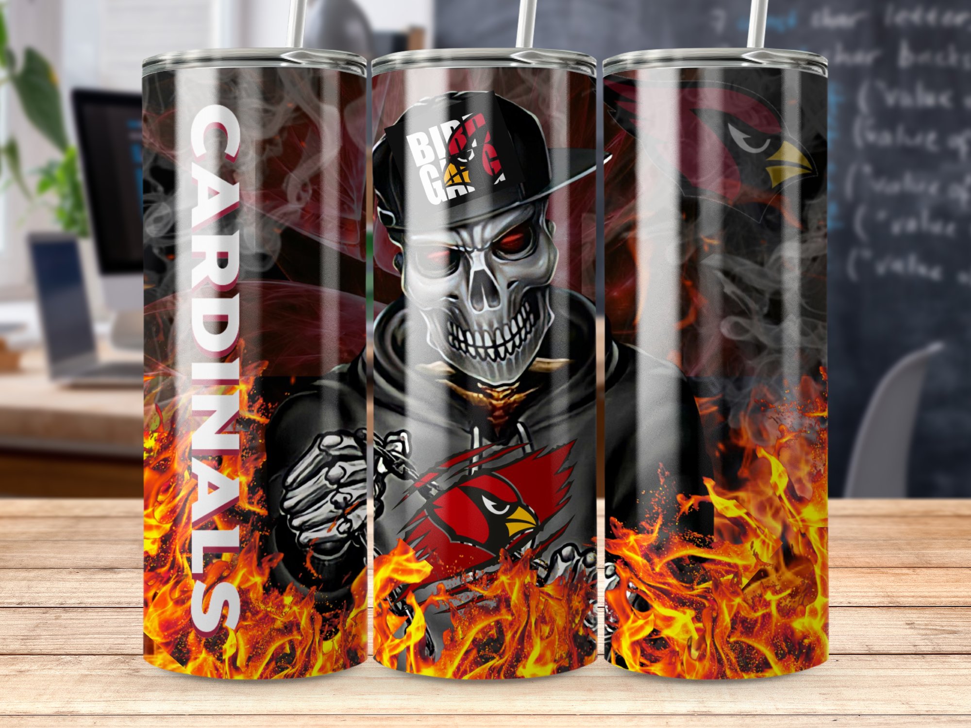 Cardinal Skeleton Tumbler Cup, Skull Design, Customizable, Unique Gift, Halloween Tumbler, Bird Gang Themed Tumbler, Fire Background - Image 5