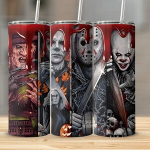 Horror Movie Characters Tumbler, 20oz Skinny Tumbler, Scary Villains Drinkware, Halloween Themed Tumbler, Unique Horror Cup