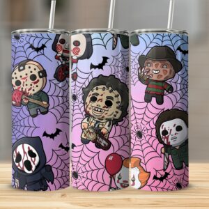 Horror Movie Characters 20oz Skinny Tumbler, Scary Movie Villains Tumbler, Halloween Themed Drinkware, Spooky Horror Movie Tumbler