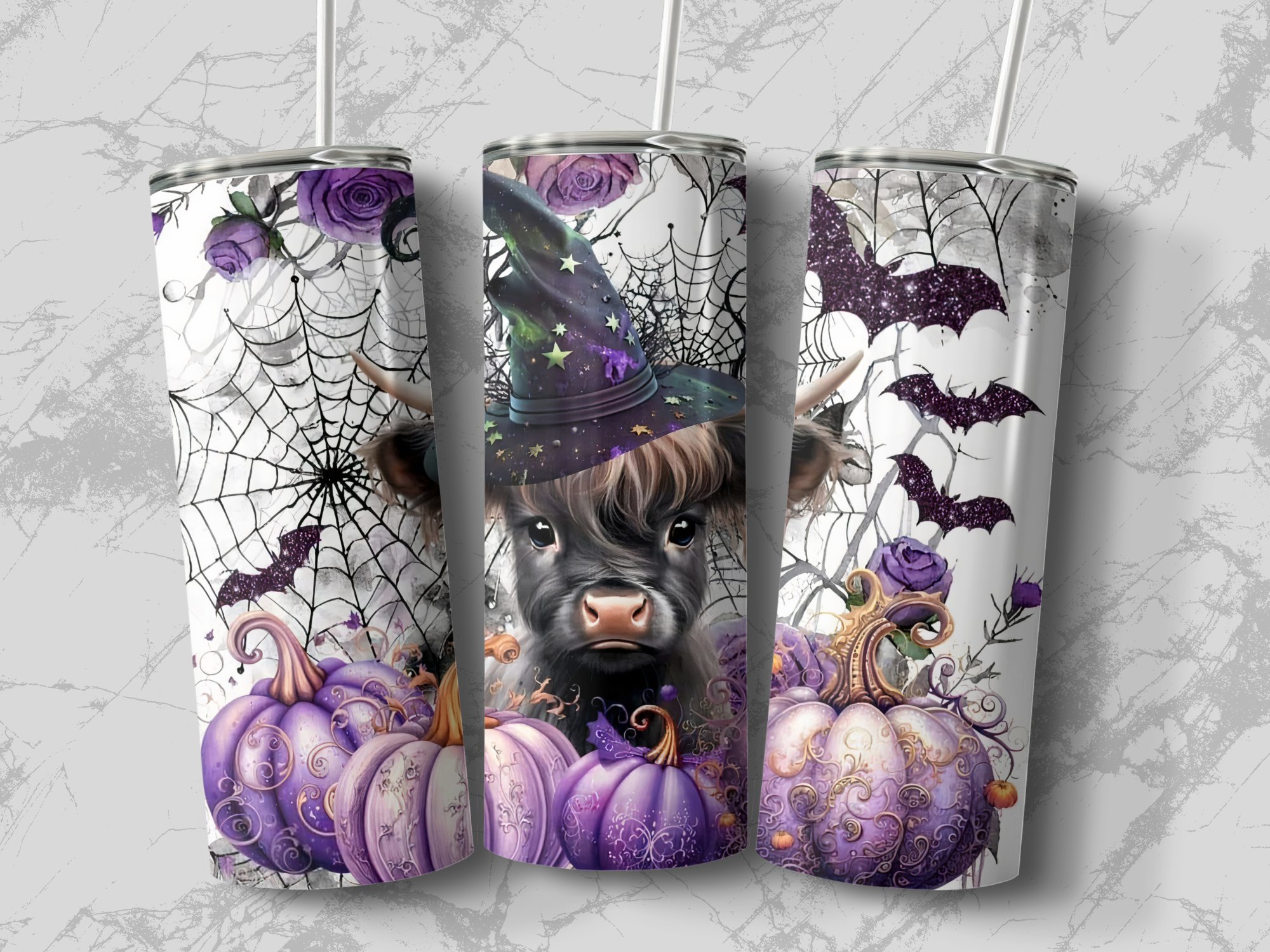 Halloween 20oz Skinny Tumbler, Cute Cow with Witch Hat Tumbler, Purple Pumpkin and Spiderweb Tumbler, Halloween Gift for Her - Image 2