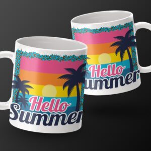Hello Summer Mug, Retro Beach Sunset Mug, Summer Coffee Cup, Vacation Mug, Tropical Palm Trees Design, Colorful Summer Gift, Beach Lover Mug