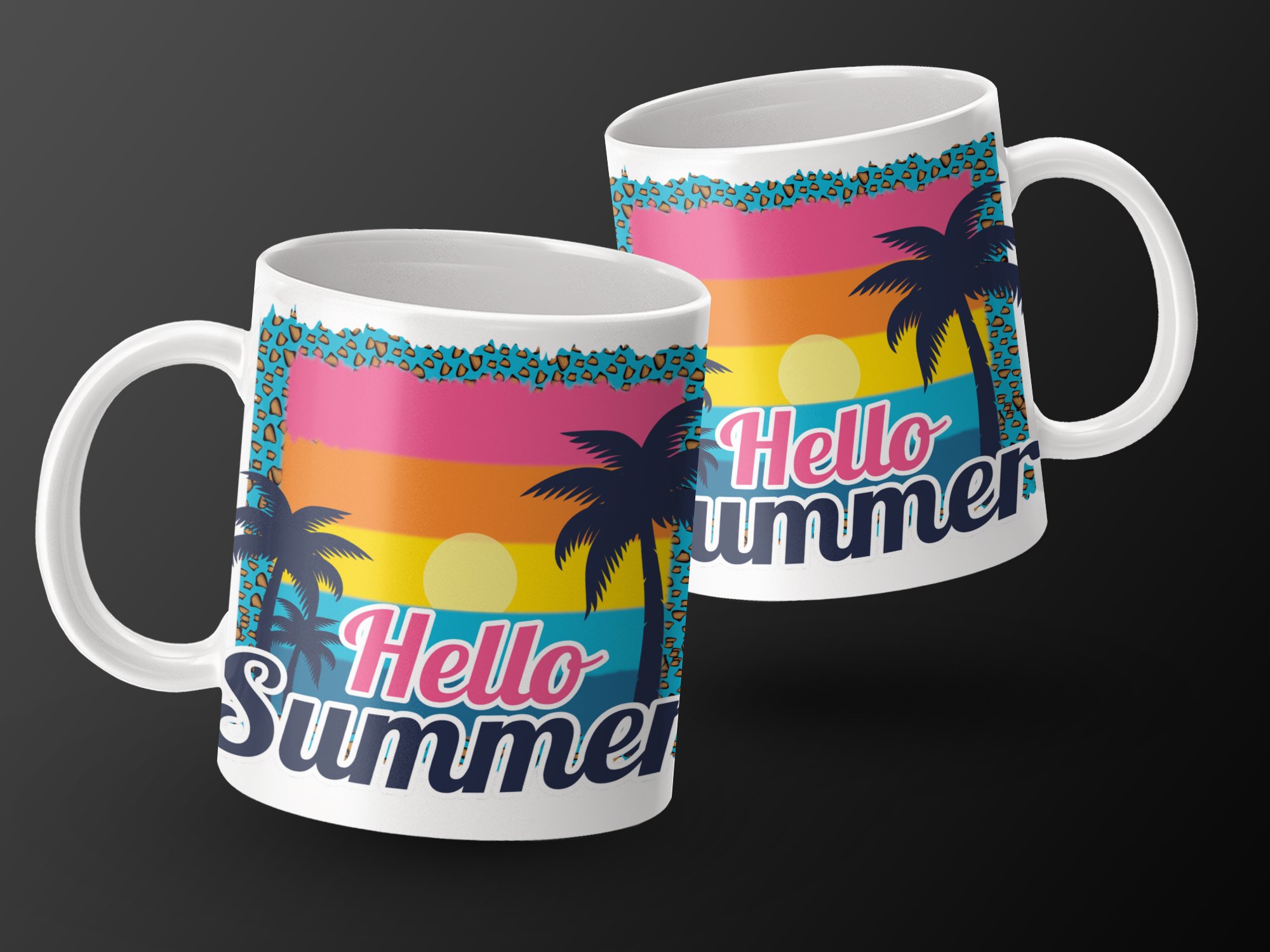 Hello Summer Mug, Retro Beach Sunset Mug, Summer Coffee Cup, Vacation Mug, Tropical Palm Trees Design, Colorful Summer Gift, Beach Lover Mug