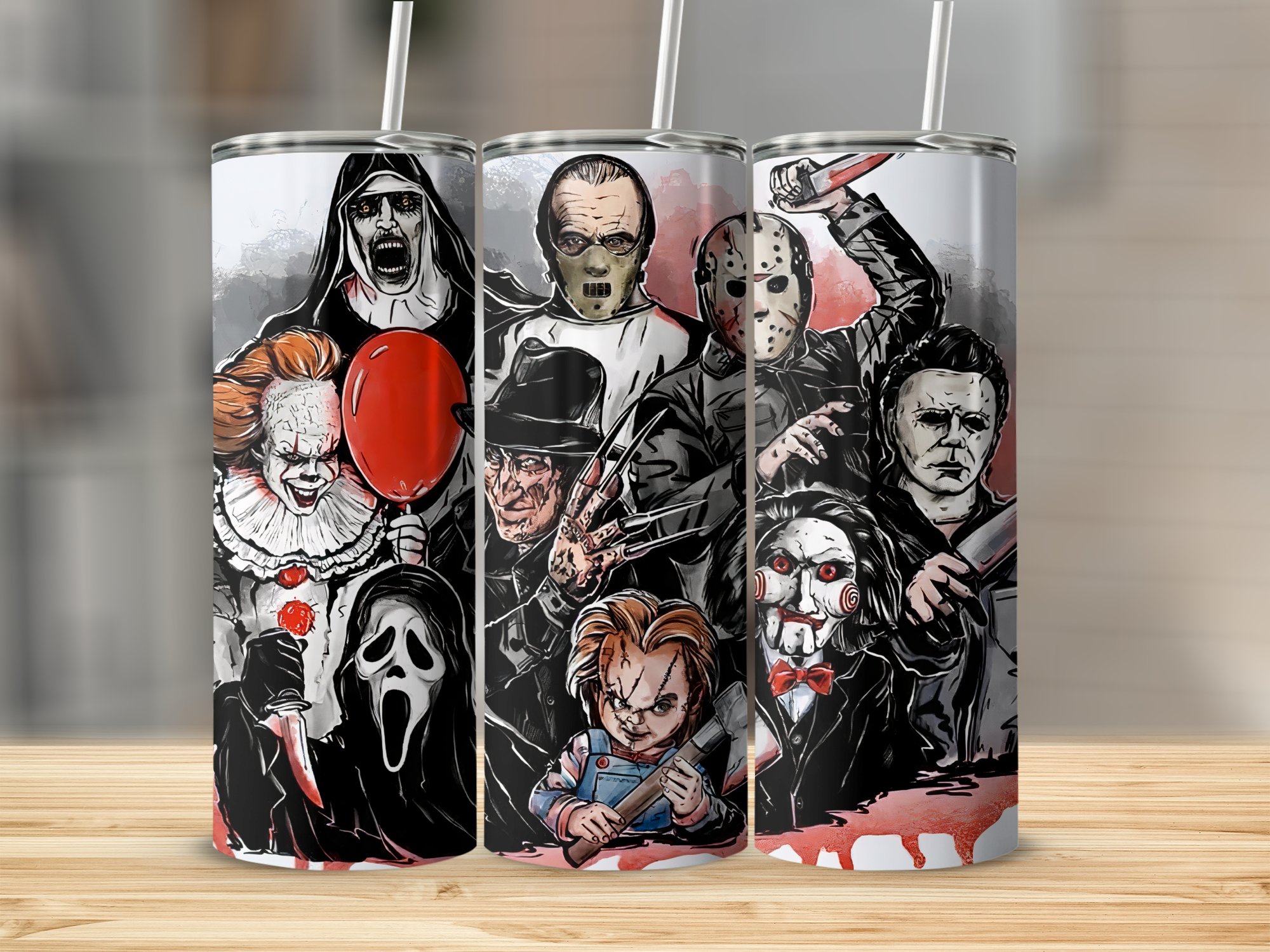 Horror Icon Collage Tumbler, Scary Movie Characters, 20oz Travel Mug, Halloween Gift, Creepy Villains Art, Reusable Skinny Tumbler - Image 3