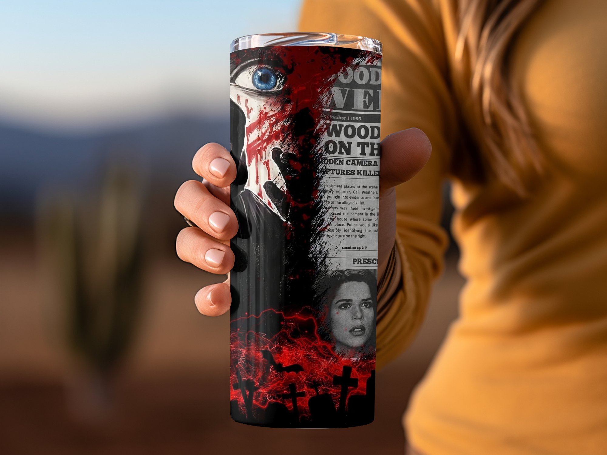 Horror Movie Inspired 20oz Skinny Tumbler, Ghost Mask Design Tumbler, Scary Blood Splatter Travel Cup, Halloween Gift For Horror Fans - Image 3
