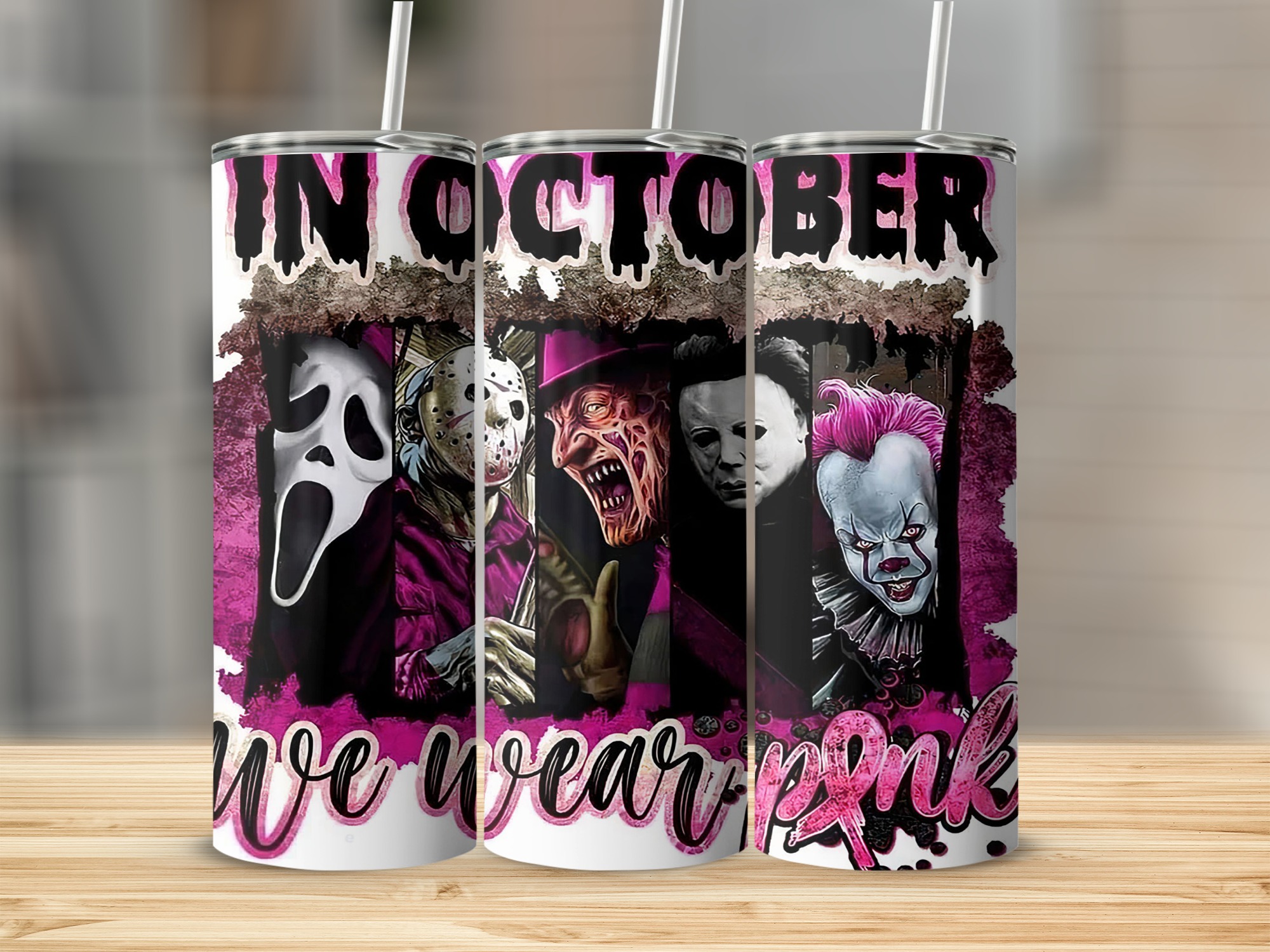 Horror Movie Characters Tumbler, In October We Wear Pink, 20oz Skinny Tumbler, Scary Halloween Tumbler, Spooky Drinkware