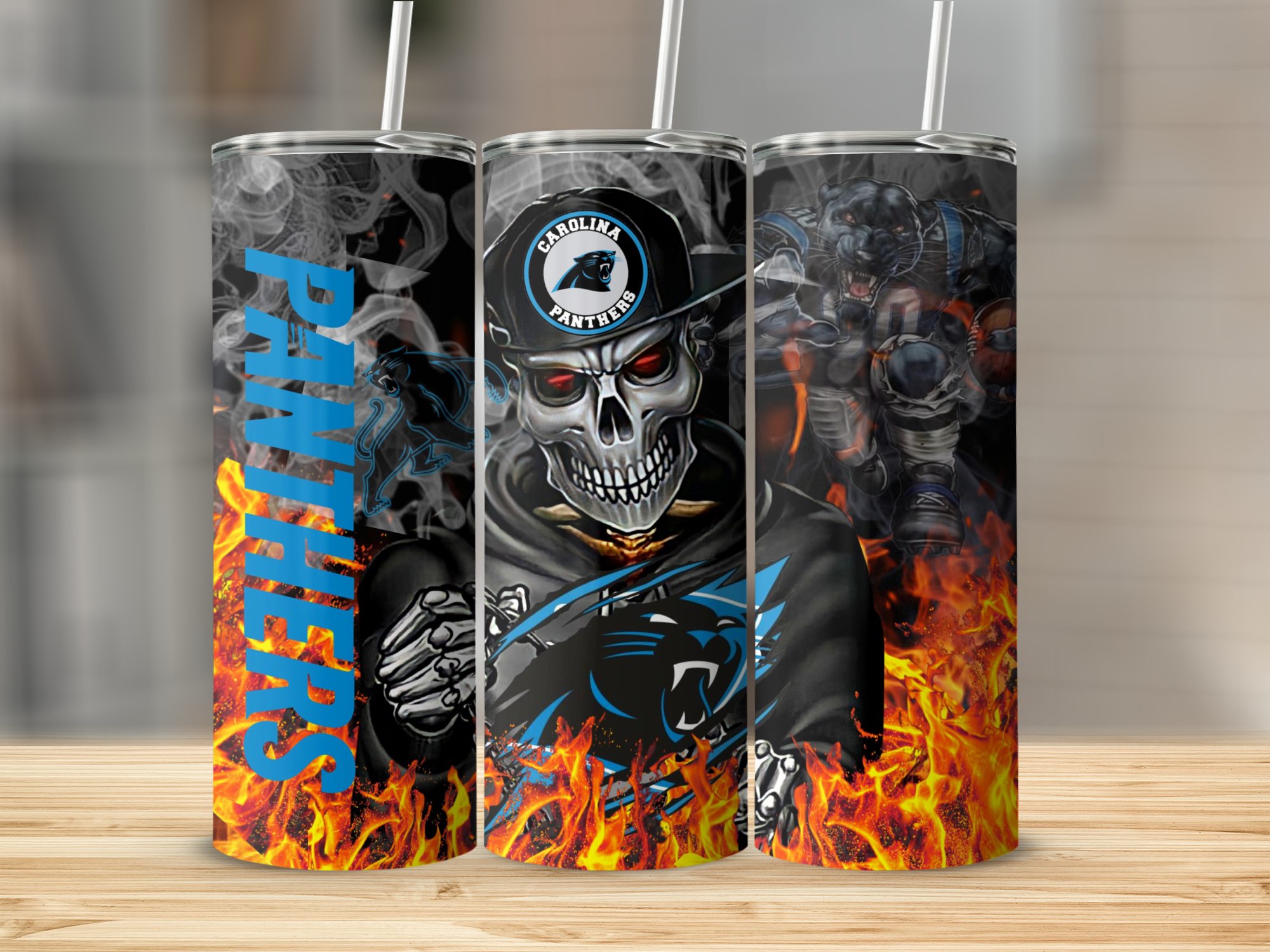 Carolina Panthers logo, fiery background Tumbler, unique NFL fan gift, football fan drinkware, collectible tumbler - Image 2