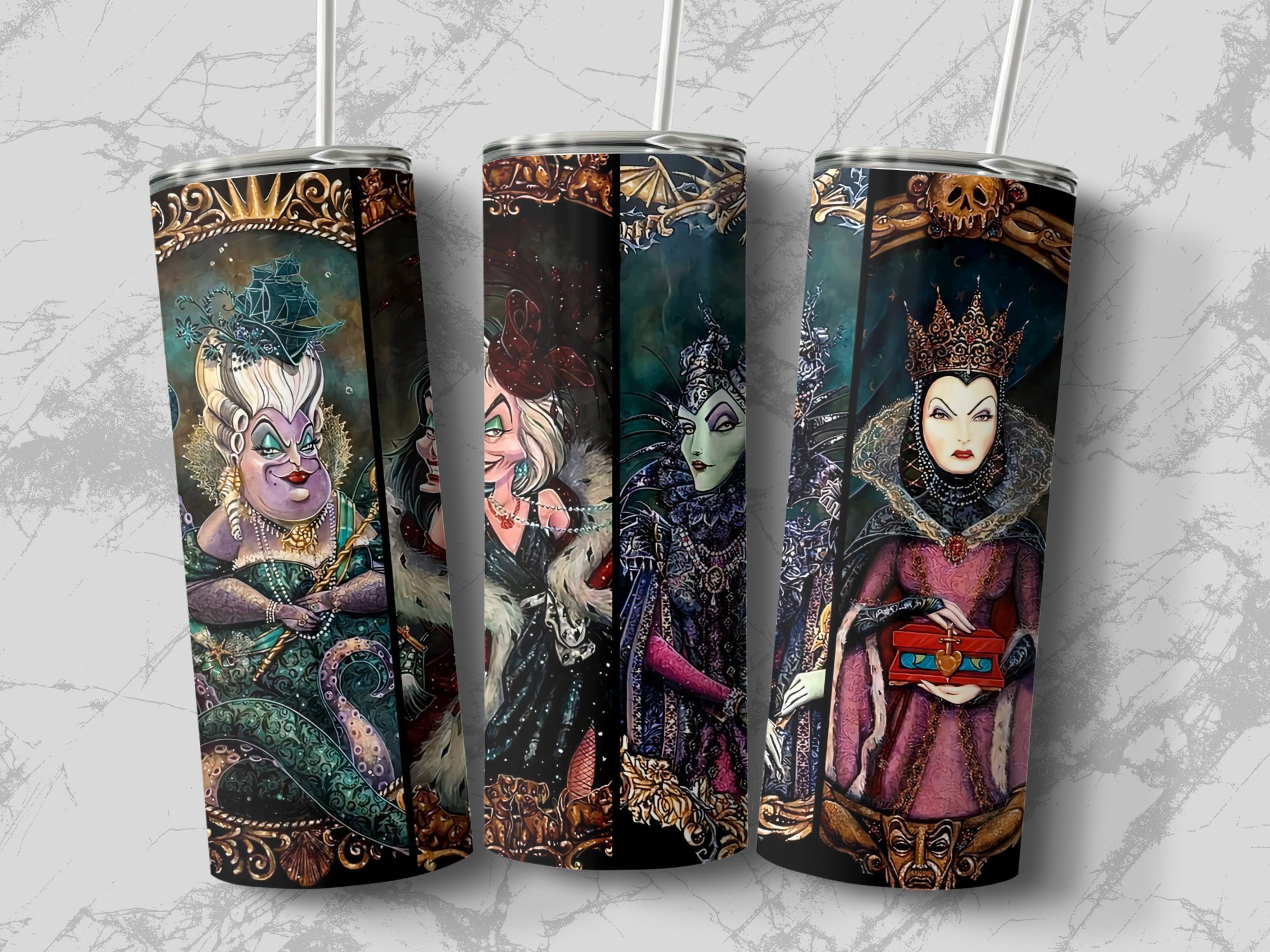 Villain Themed 20oz Skinny Tumbler, Evil Queen Tumbler, Maleficent Tumbler, Unique Villain Art Tumbler, Cruella De Vil Tumbler - Image 2
