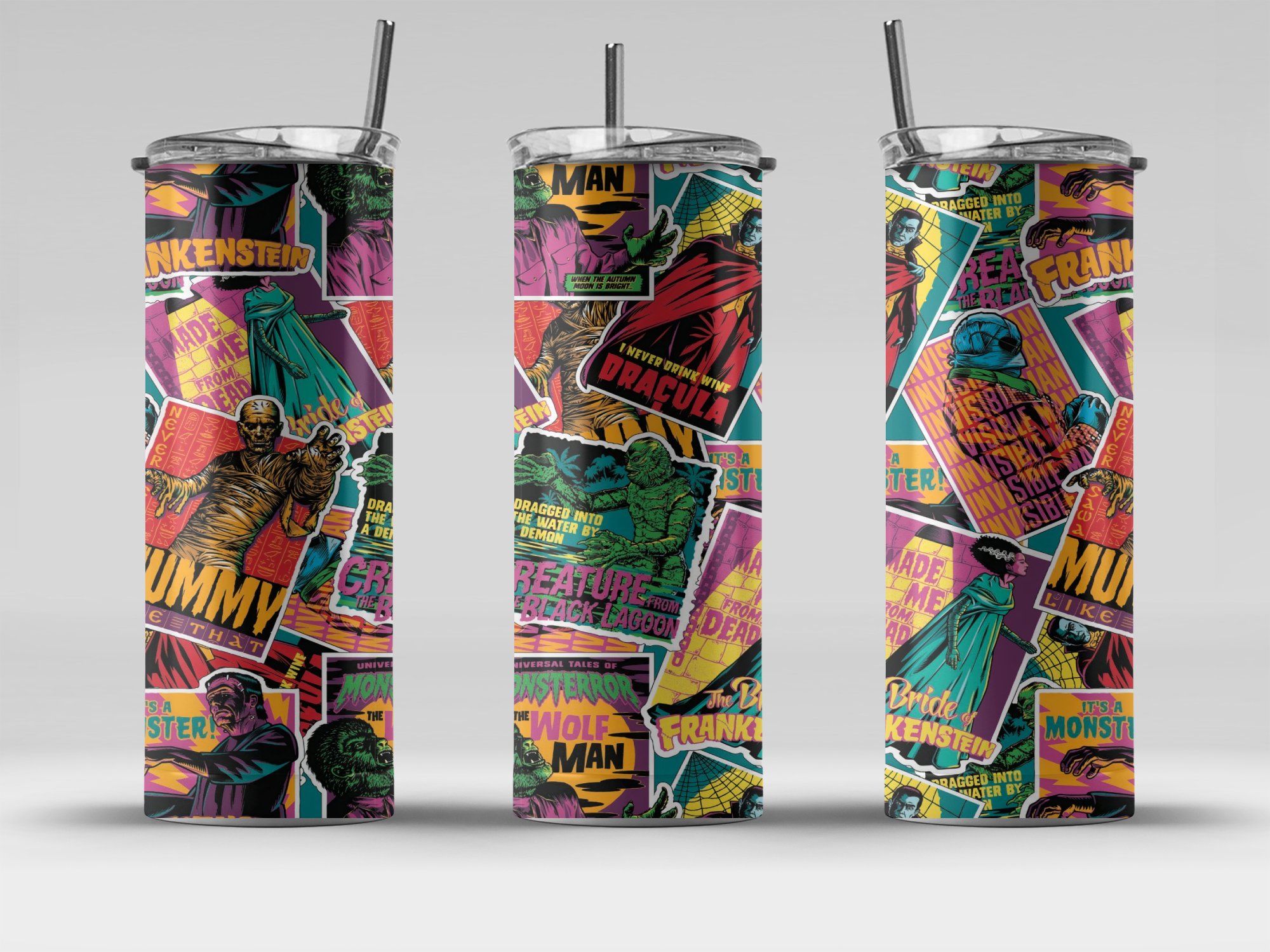 Classic Horror Movie Characters Collage 20oz Skinny Tumbler, Frankenstein Dracula Mummy Design, Vintage Horror Fans Gift - Image 4
