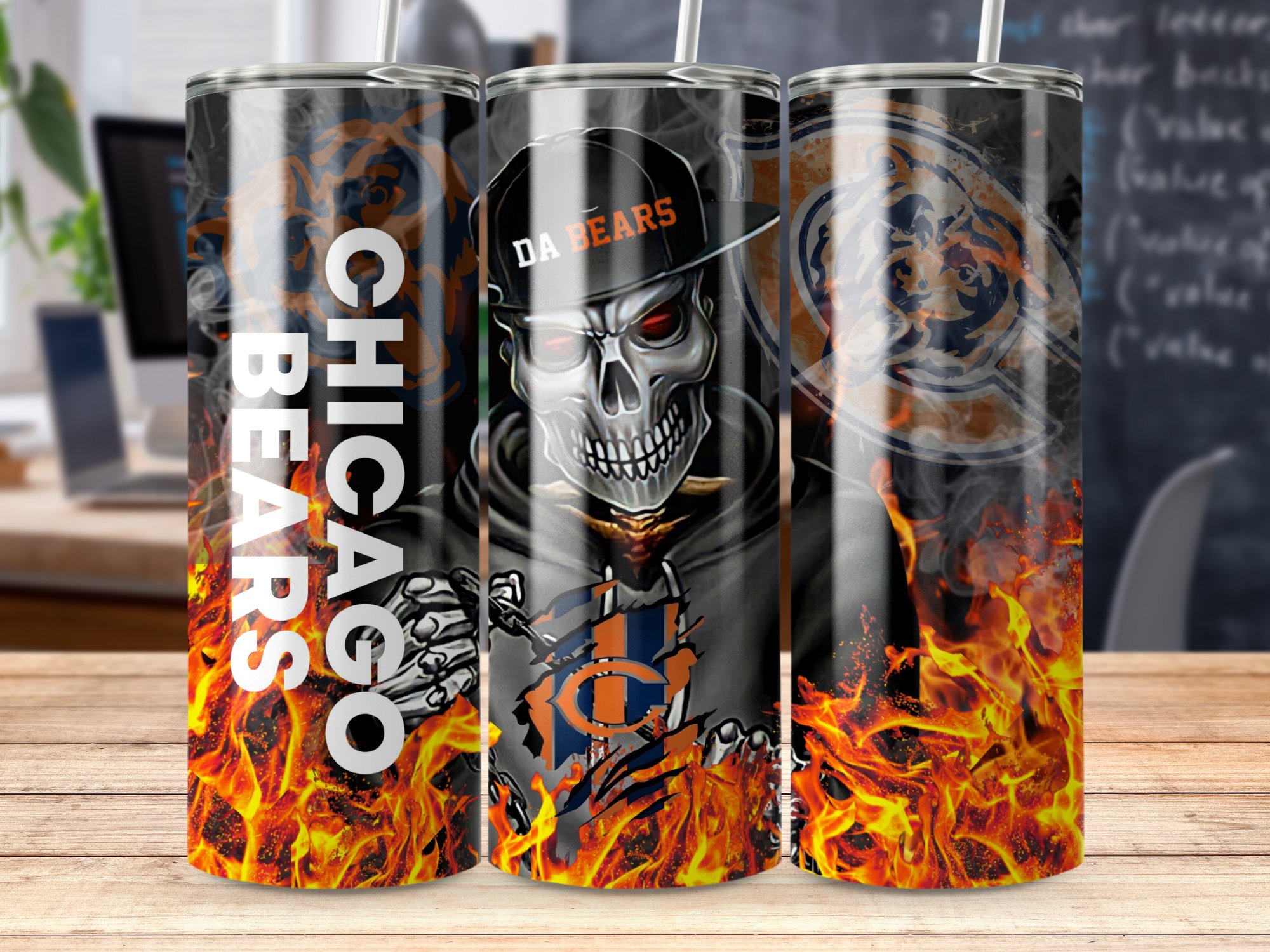 Chicago Bears Tumbler, Skull Design Tumbler, Flames Background Tumbler, Football Fan Gift, Sports Team Tumbler, Cool Gift Idea - Image 5