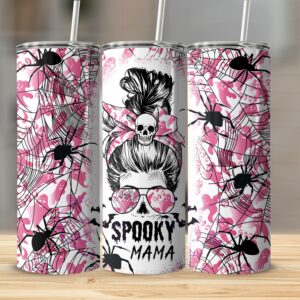 Spooky Mama 20oz Skinny Tumbler, Skull Hair Bow Design, Halloween Spider Web Art, Trendy Gift for Moms, Creepy Cute Tumbler Cup