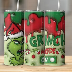 Grinch Mode On Christmas Skinny Tumbler, Holiday Grinch 20oz Tumbler, Christmas Drinkware, Funny Grinch Gift, Party Tumbler