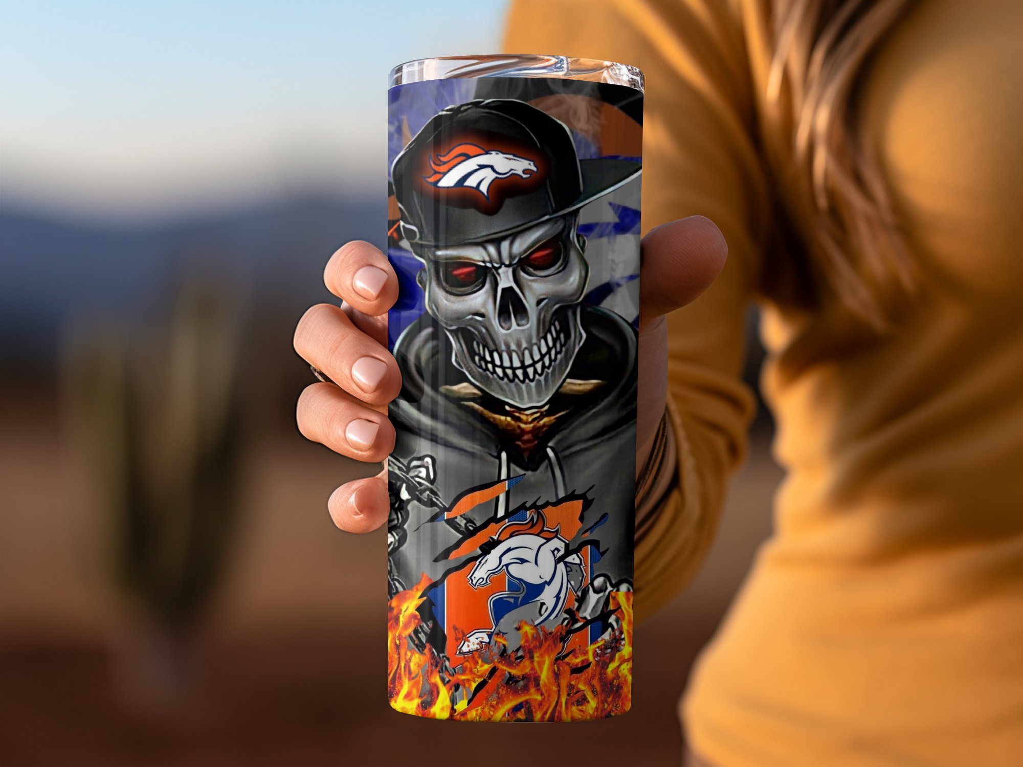 Broncos Skull Helmet Hoodie Design, Fire and Flames Background, Unique Tumbler Gift, Fans, Creative Art, Sports Enthusiast Gift - Image 3