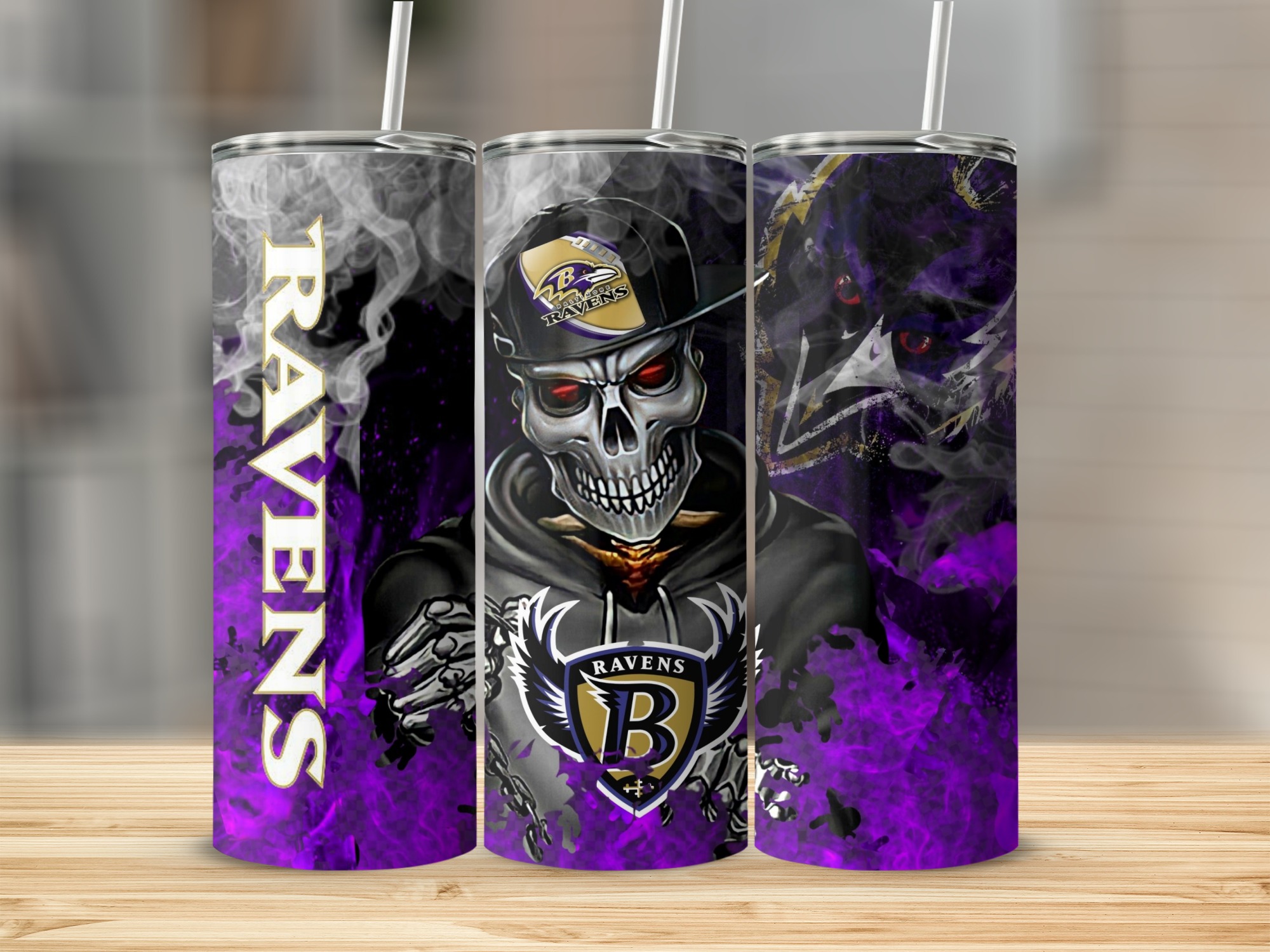Ravens Football Team Design, Smoky Purple and Black Theme, Unique Sports Fan Gift, Trendy Tumbler for Tailgates