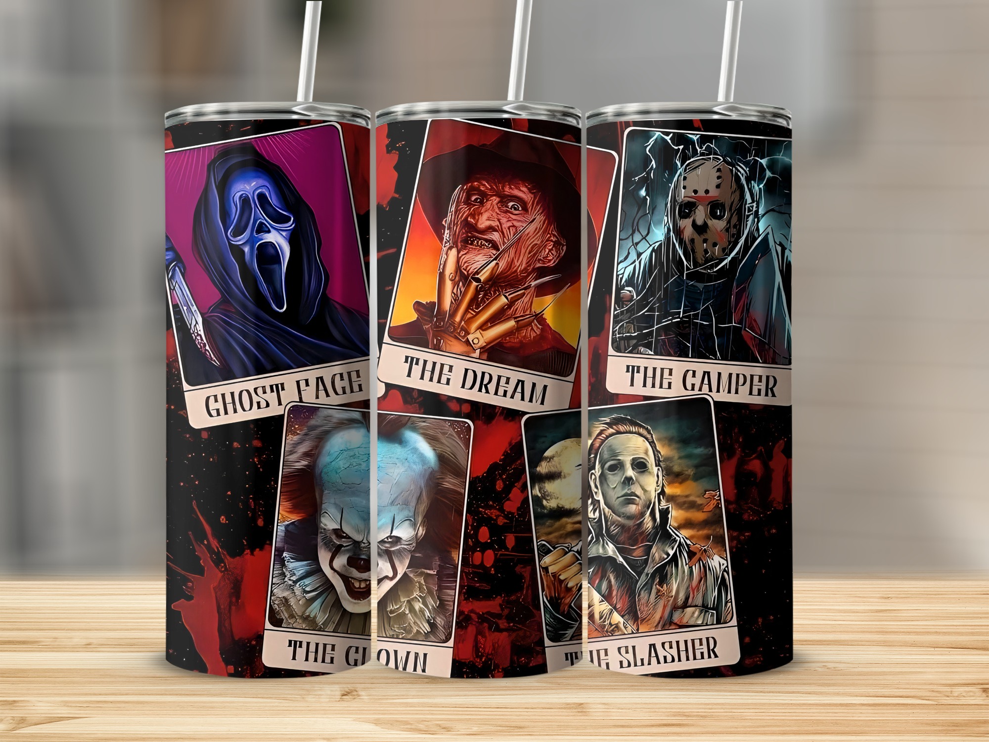 Ghost Face The Dream The Camper The Clown The Slasher Horror Skinny Tumbler, Halloween Characters 20oz Tumbler For Scary Movie Fans
