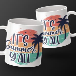 It's Summer Y'all Mug, Retro Palm Tree Mug, Summer Vibes Mug, Tropical Coffee Mug, Beach Lover Gift, Vacation Travel Mug, Fun Mug