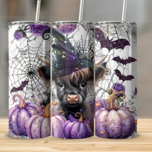 Halloween 20oz Skinny Tumbler, Cute Cow with Witch Hat Tumbler, Purple Pumpkin and Spiderweb Tumbler, Halloween Gift for Her