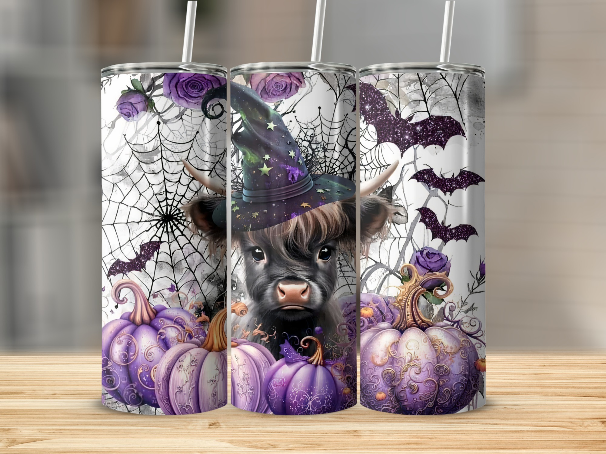 Halloween 20oz Skinny Tumbler, Cute Cow with Witch Hat Tumbler, Purple Pumpkin and Spiderweb Tumbler, Halloween Gift for Her