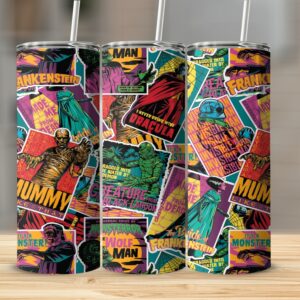 Classic Horror Movie Characters Collage 20oz Skinny Tumbler, Frankenstein Dracula Mummy Design, Vintage Horror Fans Gift