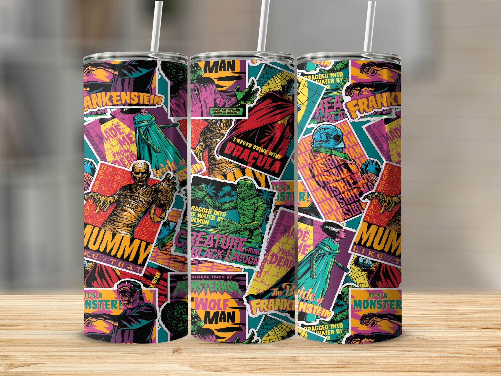 Classic Horror Movie Characters Collage 20oz Skinny Tumbler, Frankenstein Dracula Mummy Design, Vintage Horror Fans Gift