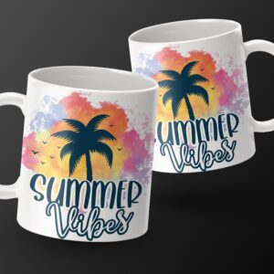 Summer Vibes Palm Tree Mug, Colorful Watercolor Mug, Tropical Summer Coffee Cup, Beach Vacation Mug, Fun Summer Mug Gift