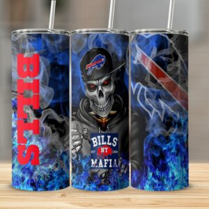 Bills Mafia Tumbler, Skull Fire Design, Buffalo Bills Fan Gift, Unique NFL Merchandise, Cool Football Drinkware