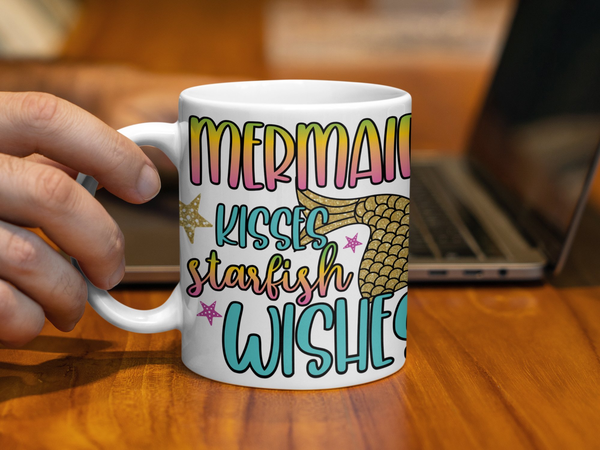 Mermaid Kisses Starfish Wishes Mug, Cute Mermaid Mug, Inspirational Mug, Ocean Theme Mug, Mermaid Tail Mug, Sea Lover Gift Mug - Image 3