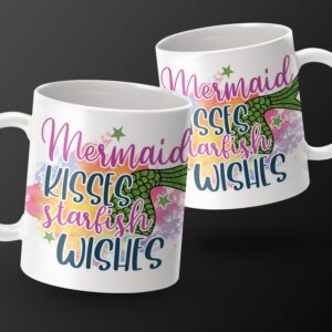 Mermaid Kisses Starfish Wishes Mug, Cute Mermaid Coffee Mug, Ocean Themed Mug, Beach Lover Gift, Fun Starfish Mermaid Mug