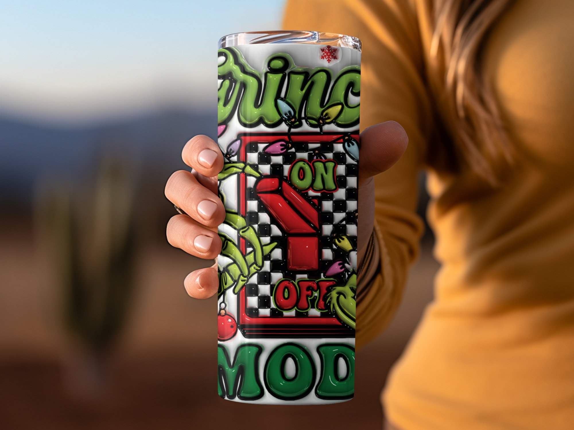 Grinch On Off Mode 20oz Skinny Tumbler, Christmas Holiday Tumbler, Funny Grinch Gift, Christmas Drinkware, Unique Christmas Tumbler, Grinch - Image 2