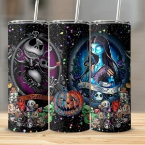 Halloween Gothic Tumbler, Nightmare Themed Skinny Tumbler, Spooky Jack and Sally Art Tumbler, Unique Horror Gift for Fans