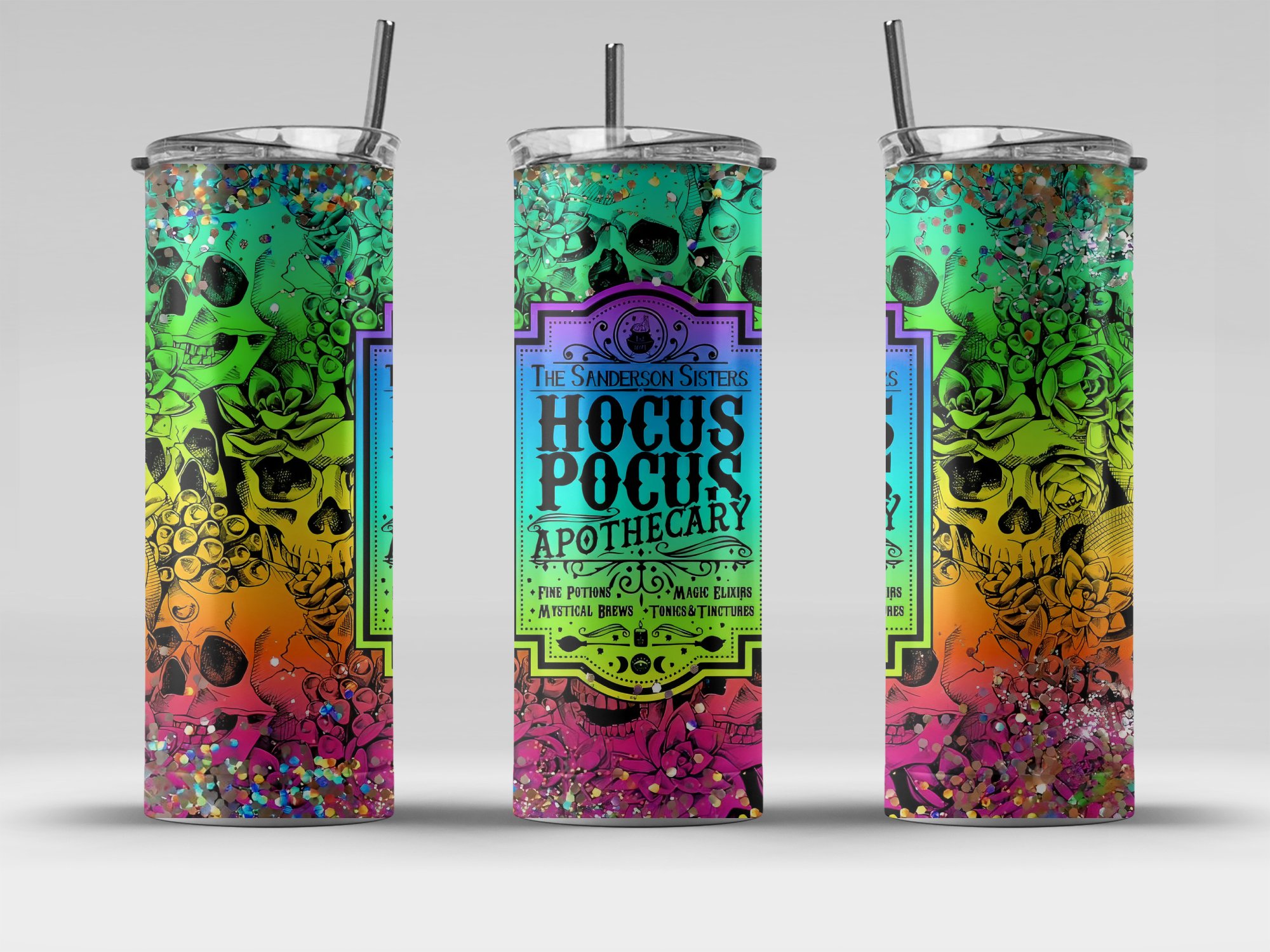 Hocus Pocus Apothecary 20oz Skinny Tumbler, Halloween Themed Tumbler, Colorful Skull Tumbler, Spooky Season Drinkware, Witchy Gift - Image 4